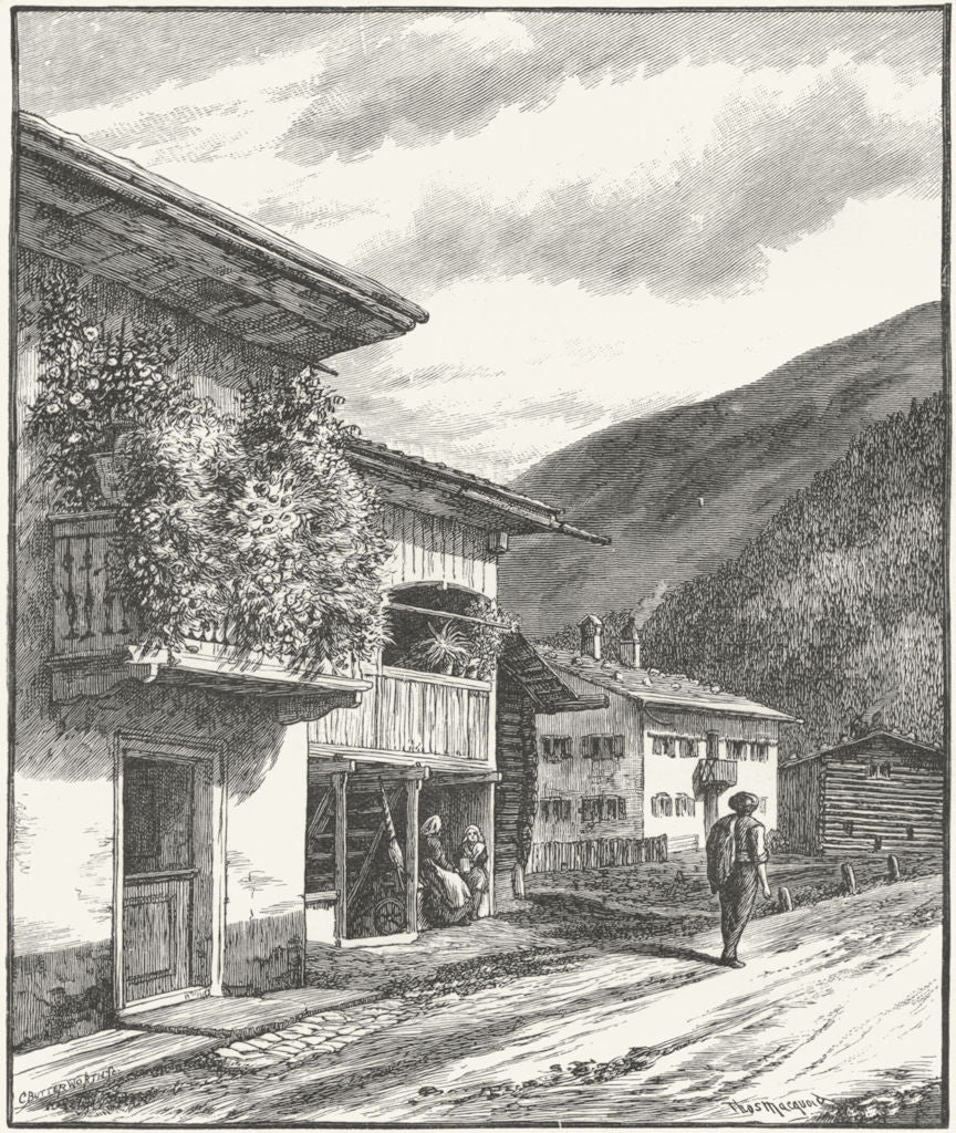 DAVOS. Dorfli, NE Grisons, road to Fluela pass 1891 old antique print picture